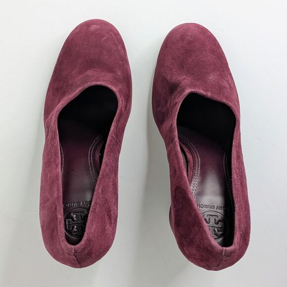 Tory Burch Lucia Heels Womens 8 Burgundy Suede Chunky Round Toe Slip On - Picture 11 of 14